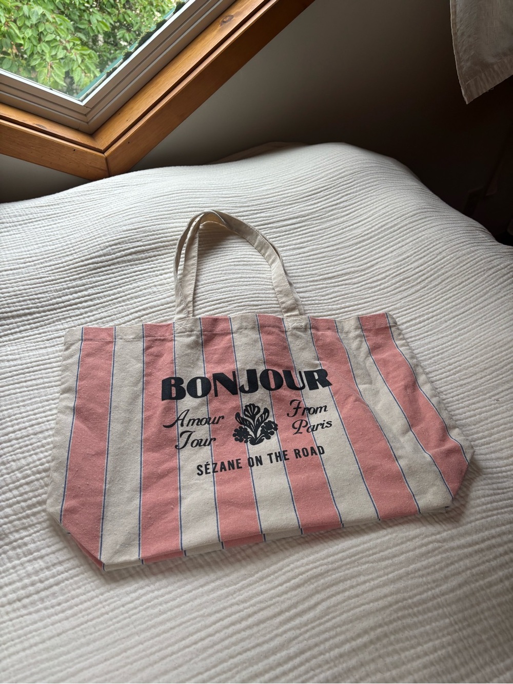 SEZANE Pink and Cream Striped 'Bonjour' Canvas Tote Bag